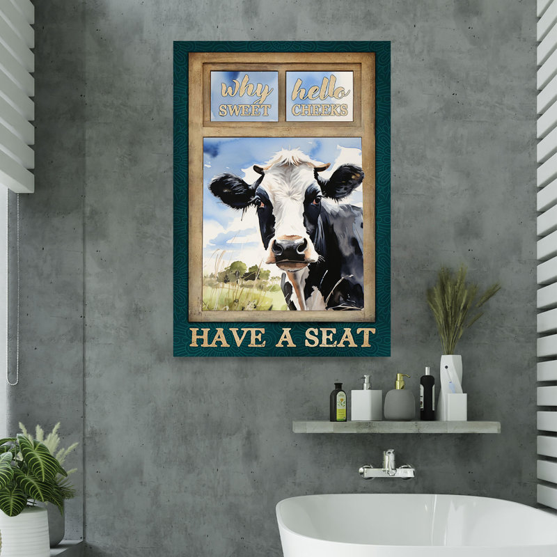 Cow - Hello Sweet Cheeks Gallery Wrapped Canvas - Bath And Laundry Cattle Animal Illustration Decor, Black, White And Green Bathroom Decor