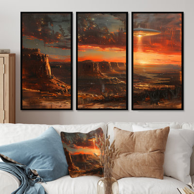 Brown Red Alien Landscape Ufos - Ufos Wall Decor Set