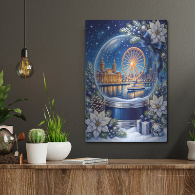 «Chicago Navy Pier - Winter Sparkle Snow Globe» par Veve, art mural en métal, 12 po x 16 po