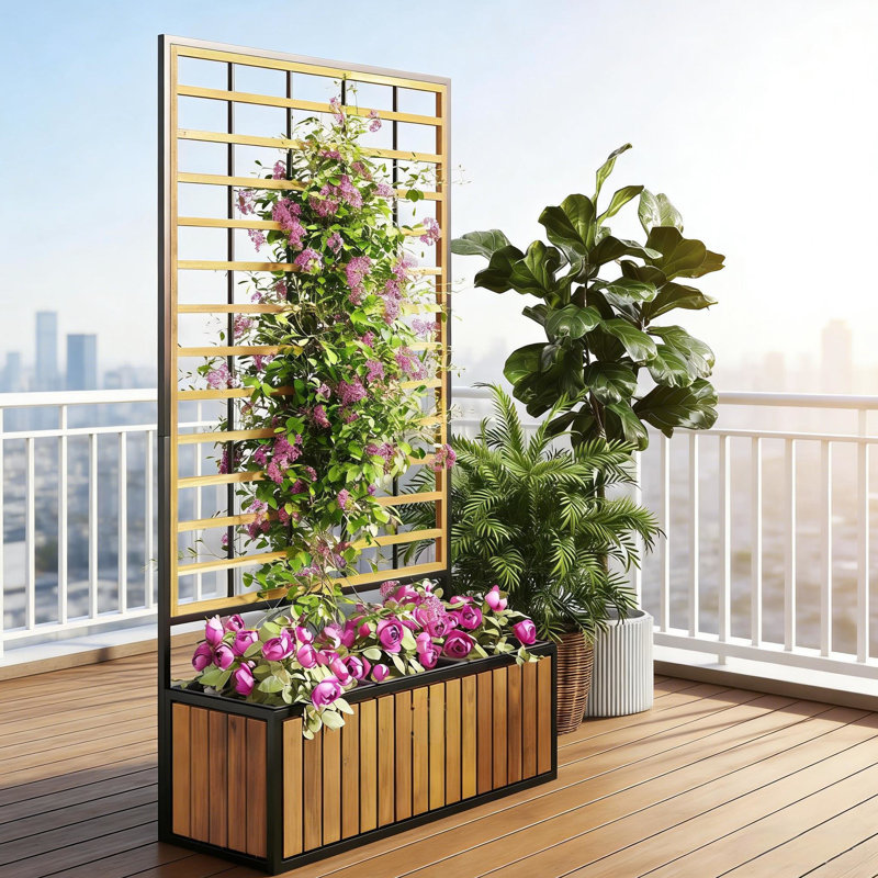 Lit de jardin surélevé en bois avec treillis, Teck