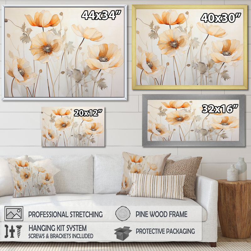 Beige Poppy Meadow Melody V, Cadre flottant doré, H 34 po x l 44 po x P 1,5 po