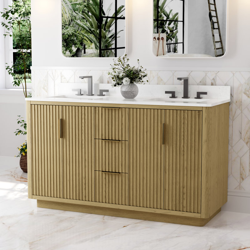 Marcel 60''W X 35''H Solid Wood Bathroom Vanity With Stain-Resistant Carrera White  Quartz Top And Double Sink