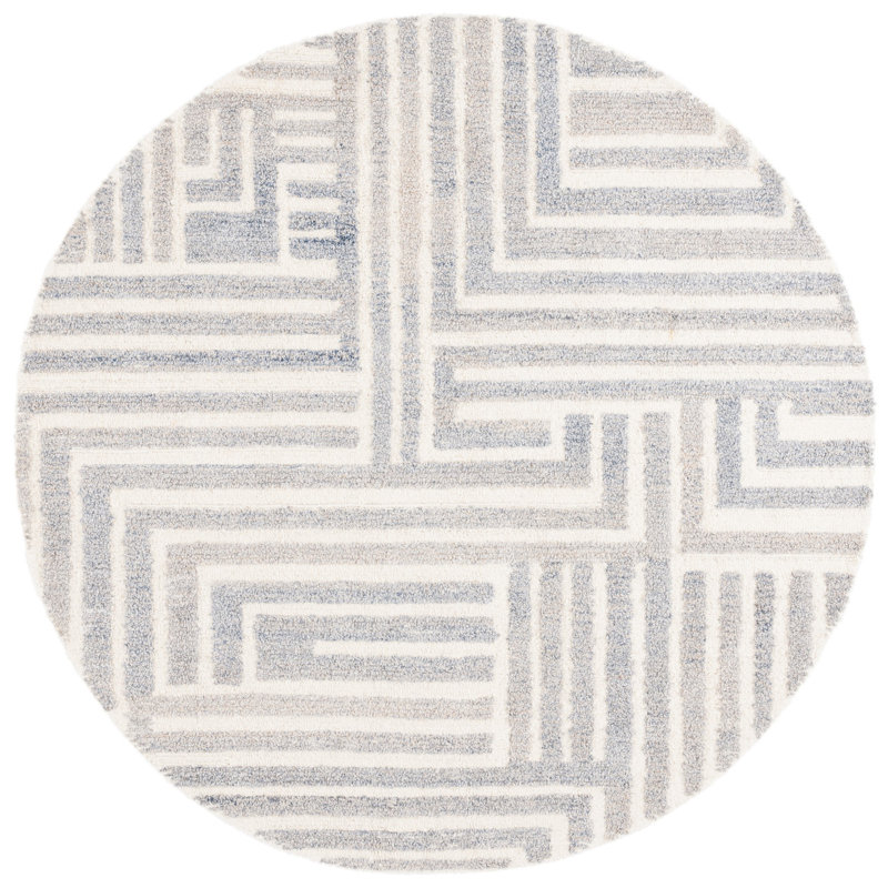 Nedin Hand Tufted Pet Yarn/Wool/Cotton Striped Rug in Blue/Ivory, Round 6'