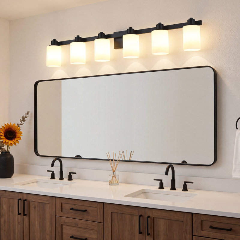 Éclairage pour salle de bain 6 lumières 50 po noir mat avec abat-jour en verre givré blanc laiteux, luminaire pour salle de bain sur miroir