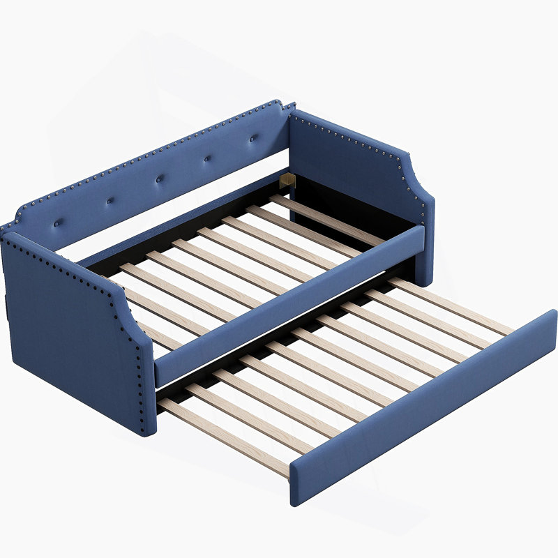 Upholstered Daybed With Trundle, Wood Slat Support,Upholstered Frame Sofa Bed, Blue