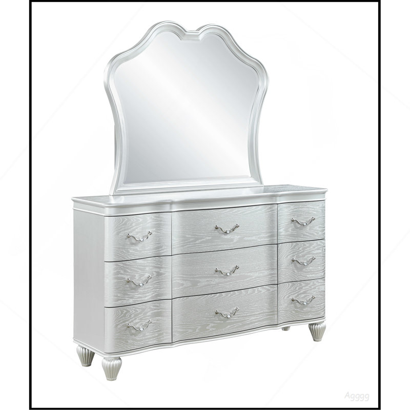 Commode 9 tiroirs Landmark Traditional avec poignées en métal en bois argenté