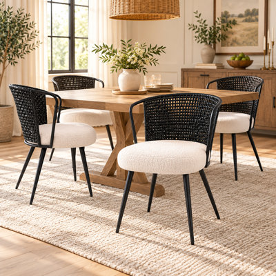 Modern Boucle Upholstered Dining Chairs with PE Rattan Wingback, Mid-Century Side Chairs with Metal Legs, Set of 4