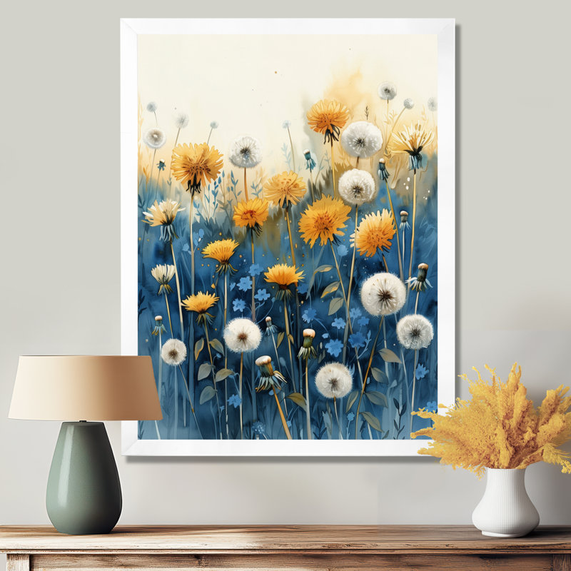 Jaune et bleu, jardin de vie, pissenlit - Pissenlit, art mural, Cadre simple blanc, H 44 po x l 34 po x P 1,5 po