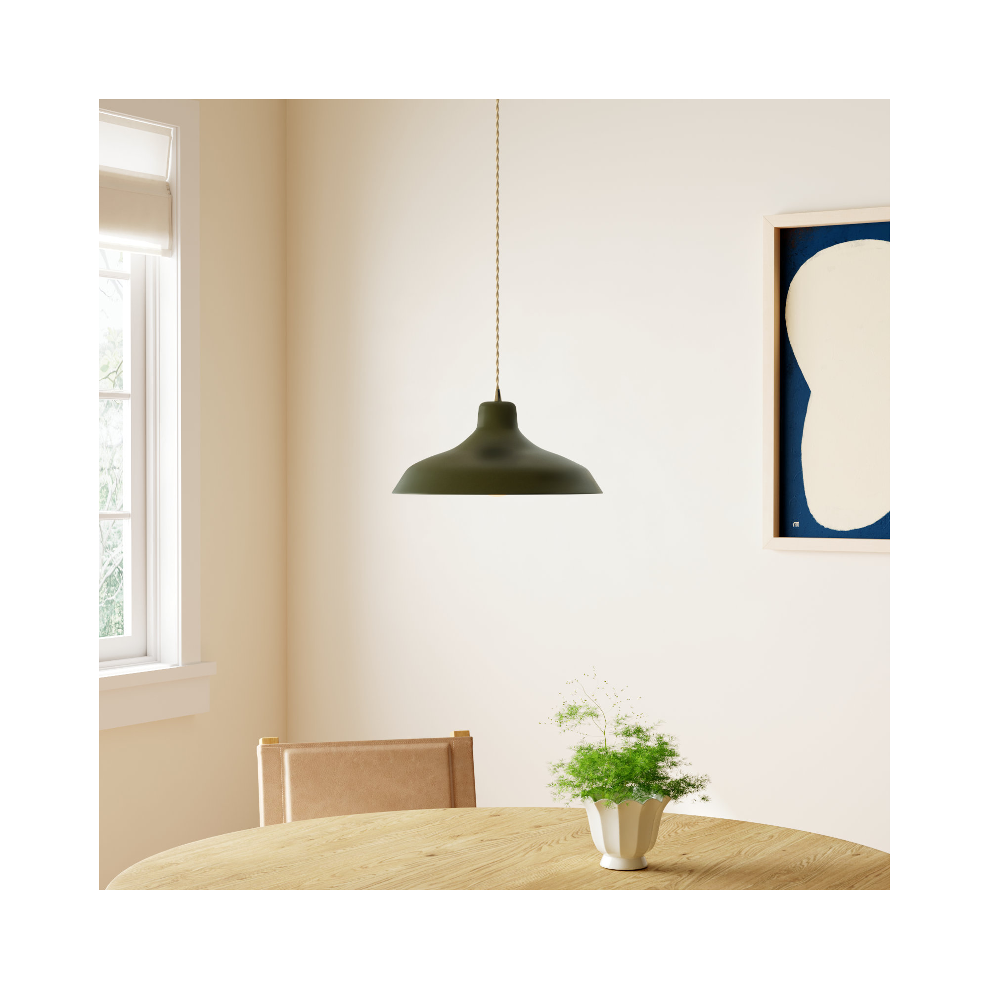 Fallon Ceramic Dimmable Pendant, Antique Brass, 6.25" H x 13.5" W x 13.5" D, Matte Green