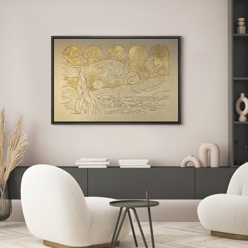 «Minimalist Golden Starry Night Village Landscape», reproduction d'art encadrée sur toile encadrée dans la chambre principale