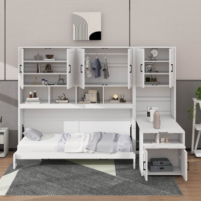 Lit escamotable simple avec placard, tiroirs et bureau
