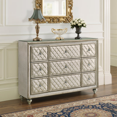 Willa Wide Dresser Chest, 9 Drawers, Faux Crystal, Tufted Beige Velvet