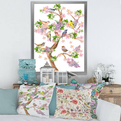 Arbre avec oiseaux colorés sur des branches en fleurs - Cadre photo, impression sur toile
