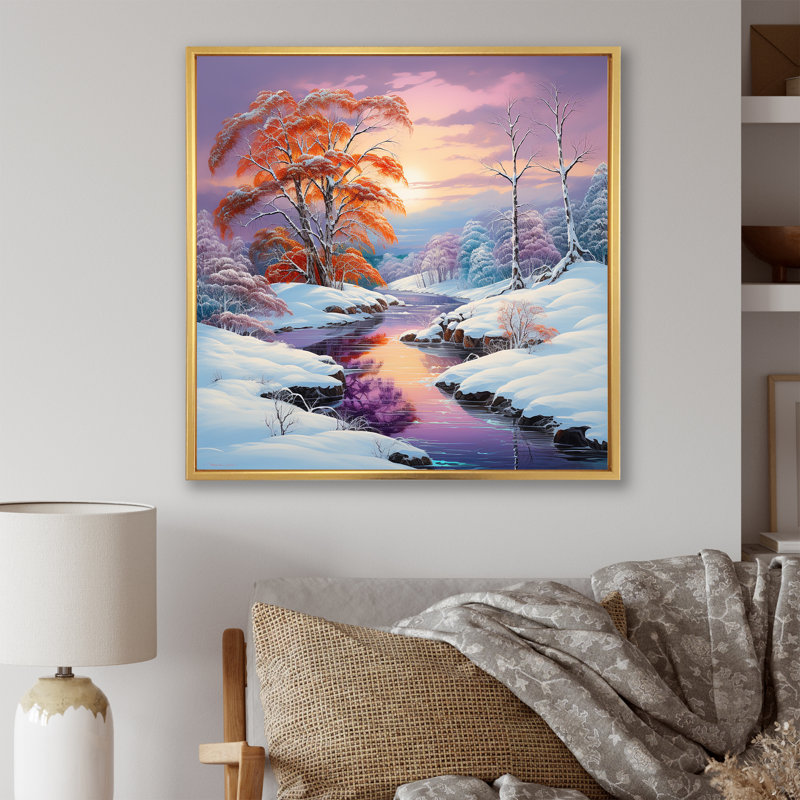«Winter River Sunset and Snow Charm I», reproduction sur toile, Cadre flottant doré, H 36 po x l 36 po x P 1,5 po