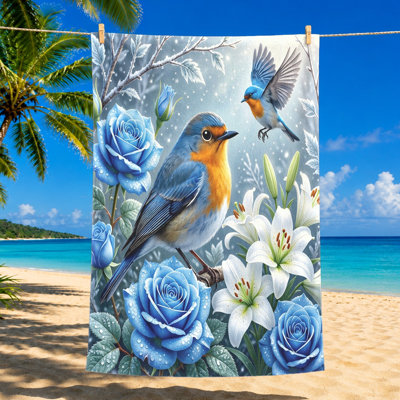 1Pcs Blue Bird and Roses Towel, featuring charming robins delicate with white lilies in a romantic design. Large beach, perfect for swimming, travel, home decor, unisex.