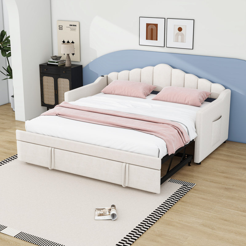 Twin Velvet Upholstered Daybed with Pop-Up Trundle, Pockets, USB and Type-C Charging Ports, Beige