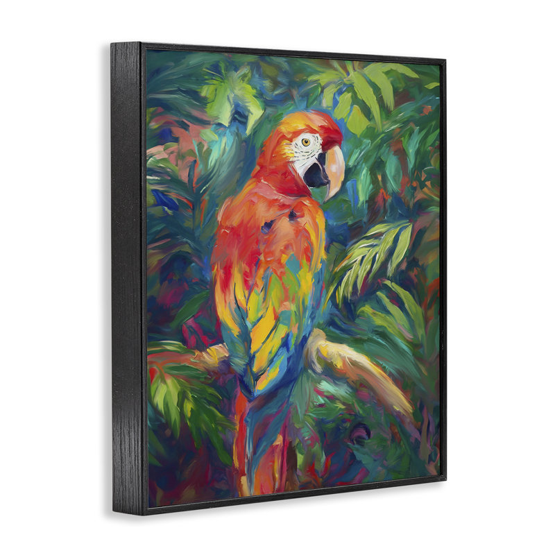 Jungle Macaw sur une branche, estampe numérique par Ramona Murdock, Giclée encadrée noir minuit, H 14 po x l 11 po