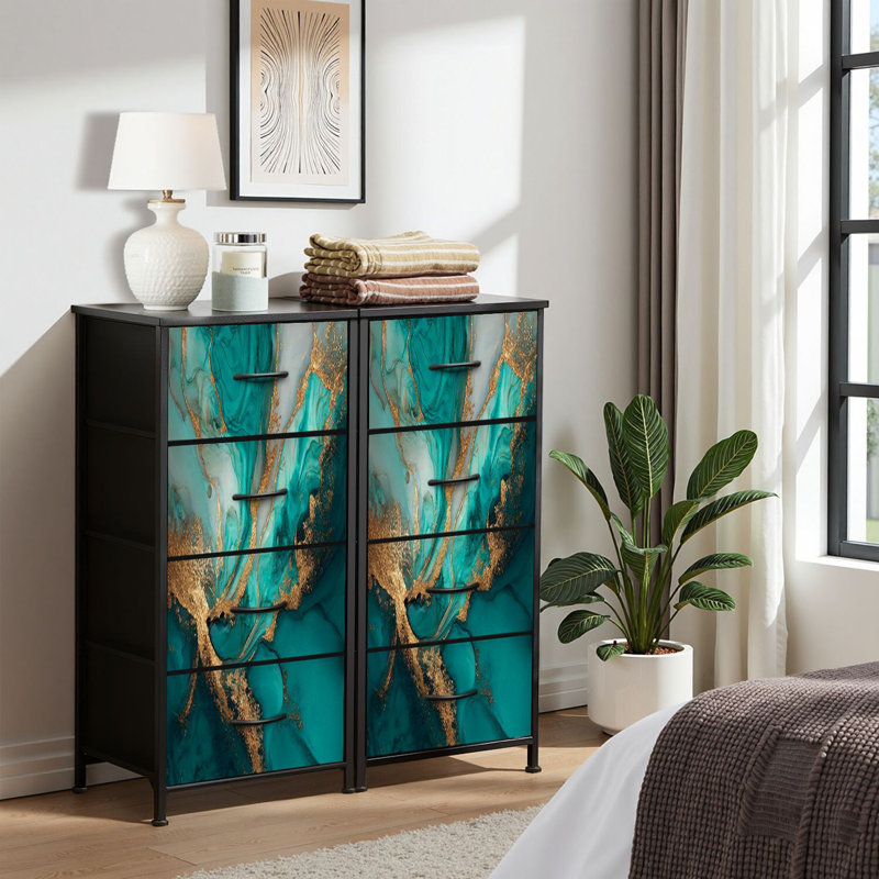 Commode pour commode de chambre à coucher pour placard Pastel cyan, menthe, aquarelle de marbre liquide, lignes dorées, taches brossées Commodes bleu sarcelle et commodes à tiroirs