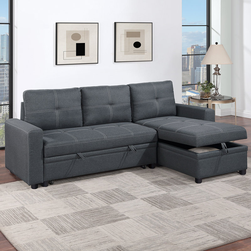 Linen-Like Fabric Upholstered Sectional With Storage Space In Charcoal