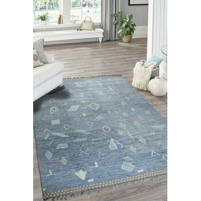 Tapis bleu moderne en laine noué à la main à motif géométrique flottant