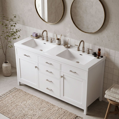 Meuble-lavabo autoportant à double évier avec tiroirs de rangement à fermeture en douceur et plateau en résine épaisse