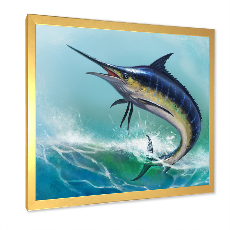 Marlin bleu dans l'océan - Peinture, Cadre photo doré, H 30 po x l 30 po