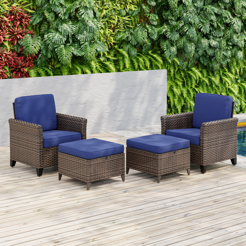 Ensemble de conversation 4 pièces pour fauteuil d'extérieur courbé en osier brun avec coussins et repose-pieds, Bleu