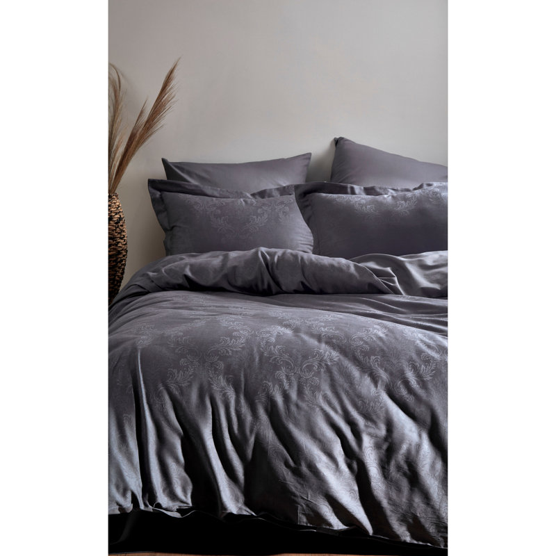 Ensemble de housse de courtepointe élégante 100% satin de coton double, gris | Comprend une housse de couette (78,7 x 86,6 po), un drap plat (94,5 x 102,4 po), 2 taies d'oreiller (19,7 x 27,6 po et 27,6 x 27,6 po) | Conception en jacquard, lavable à la machine, 210 fils, fermeture à boutons