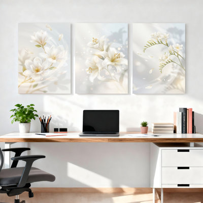 Ensemble de 3 tableaux muraux sur toile tendue représentant des fleurs de magnolia blanches, pour la décoration du salon et de la chambre à coucher.
