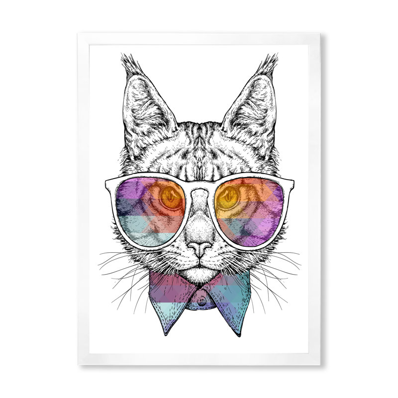 Chat mignon avec des lunettes de soleil - Cadre photo sur toile, Cadre photo blanc, H 32 po x l 16 po x P 1 po
