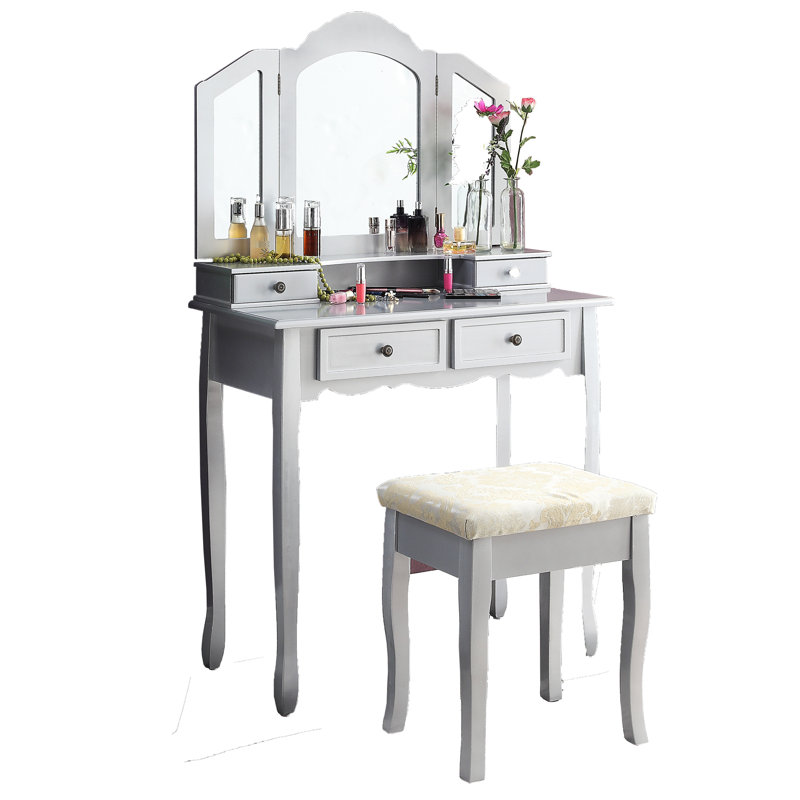 Silver Vanity With Make Up Desk And Stool - Spacious Interior Storage Wooden Beveled Mirror &, Silver