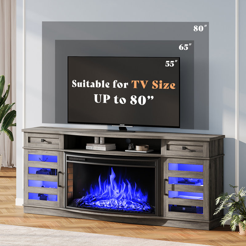 Farmhouse 70"W LED Curved Fireplace TV Stand,Washed Gray, Washed Gray