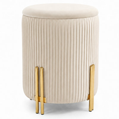 Round Pleated Velvet Storage Footstool with Reversible Wood Tray Top and Gold Metal Legs, Multi Use Ottoman Stool for Bedroom Living Room in Black