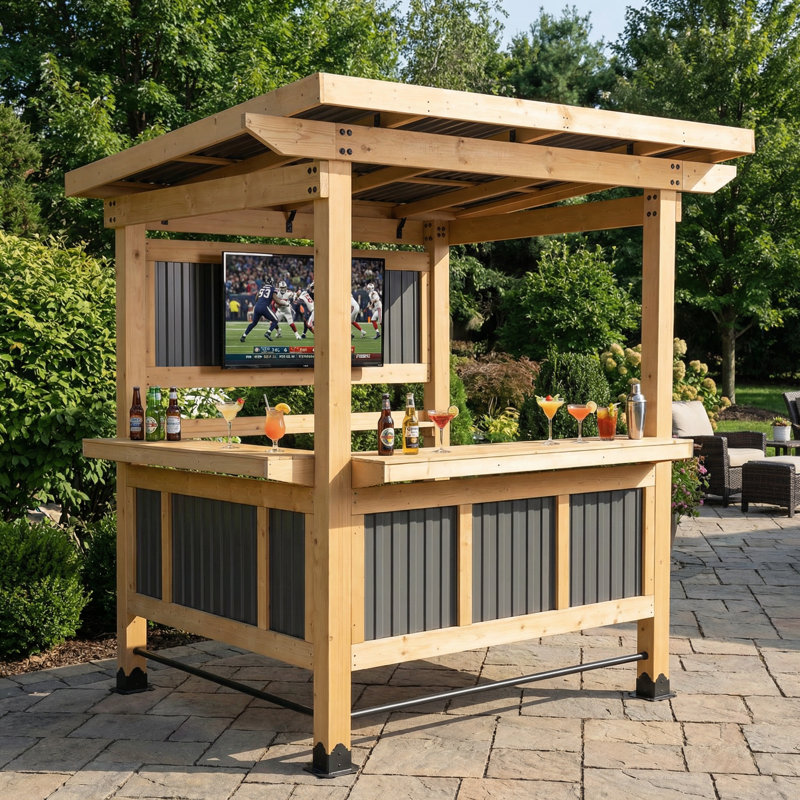 Outdoor Ceder Wood Bar Gazebo With TV Mount & Dual Counters – Your All-Weather Backyard Entertainment Hub