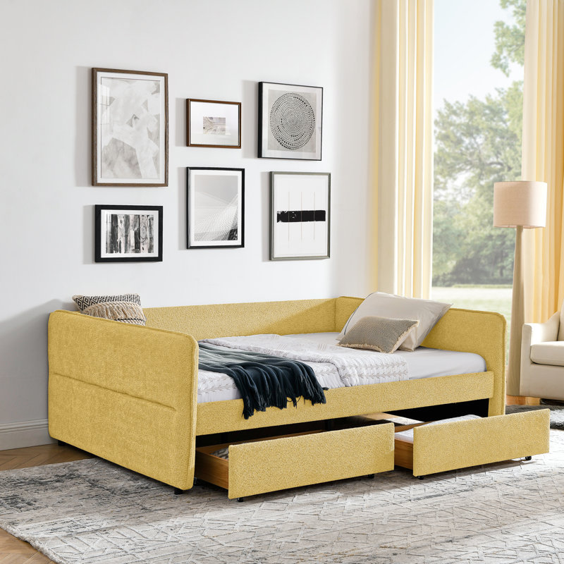 Queen Size Daybed With Two Drawers Upholstered Tufted Sofa Bed, Boucle Fabric, Yellow