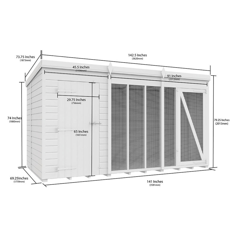 Dog Kennel and Run Full Height, 201cm H x 358cm W x 178cm D