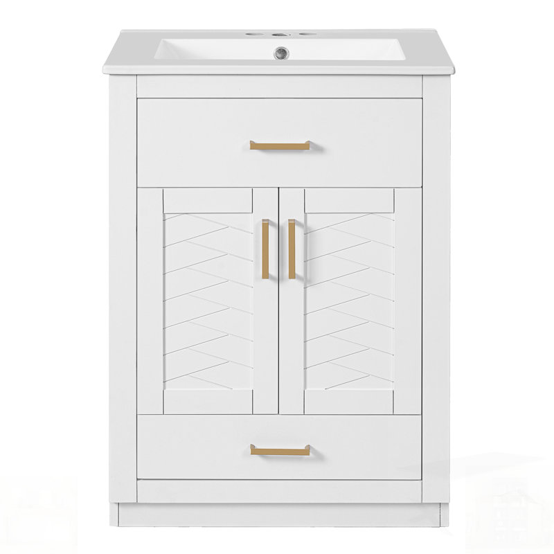 Meuble-lavabo avec lavabo et rangement en céramique intégrés, pour les petites et moyennes salles de bain, Blanc
