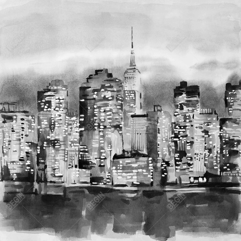 Buildings in a watercolor cityscape - 18"x18" Throw pillow cover - Poly twill - Print on demand