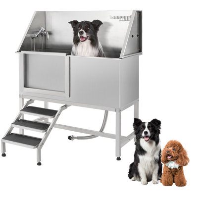 304 Stainless Steel Dog Washing Station, Dog Bath Tub for Large Medium Small Dogs, Pet Grooming Tub with Ramp, Non-Slip Grate, Shower, Soap Box, Faucet, Drain for Home & Outdoor