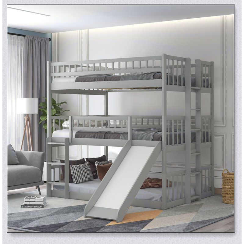 Full-Over-Full-Over-Full Triple Bed With Built-In Ladder And Slide , Triple Bunk Bed With Guardrails, Gray