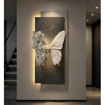 Décoration murale 3D en relief papillon et rose avec lumière DEL, décoration de hall d'entrée de luxe