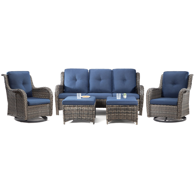Anahit Wicker 7 - Person Patio Conversation Set with Cushions, Navy
