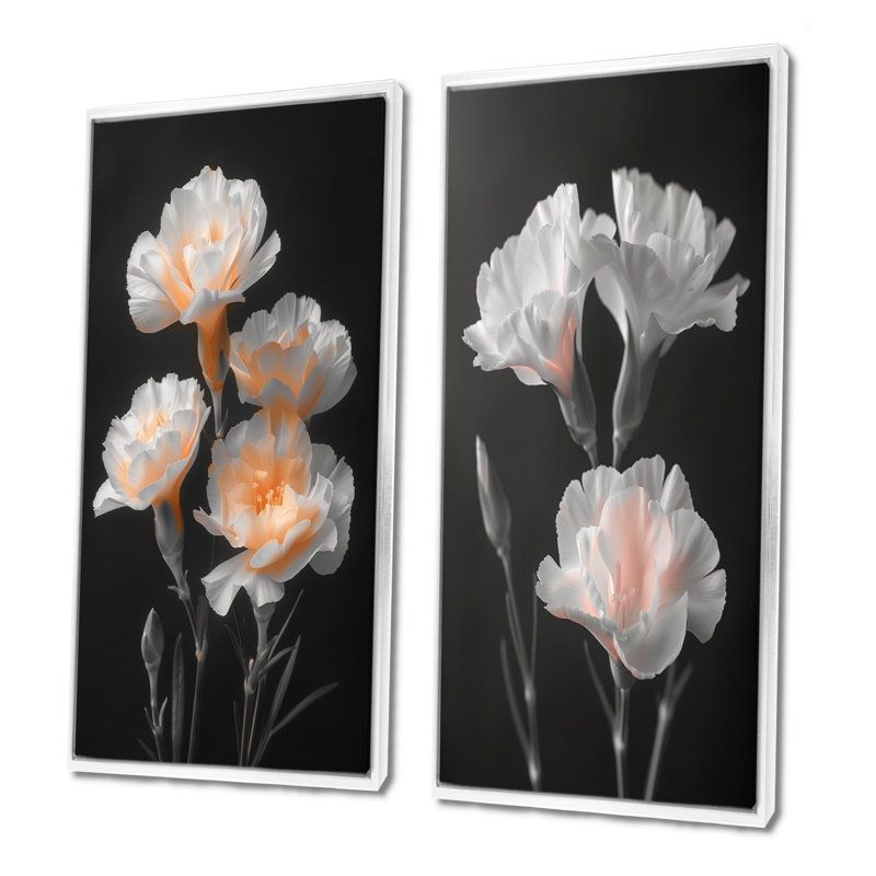 Monochromes blancs et noirs parfumés, œillets I - œillets, ensemble d'art mural 2 pièces, H 28 po x l 24 po, Blanc