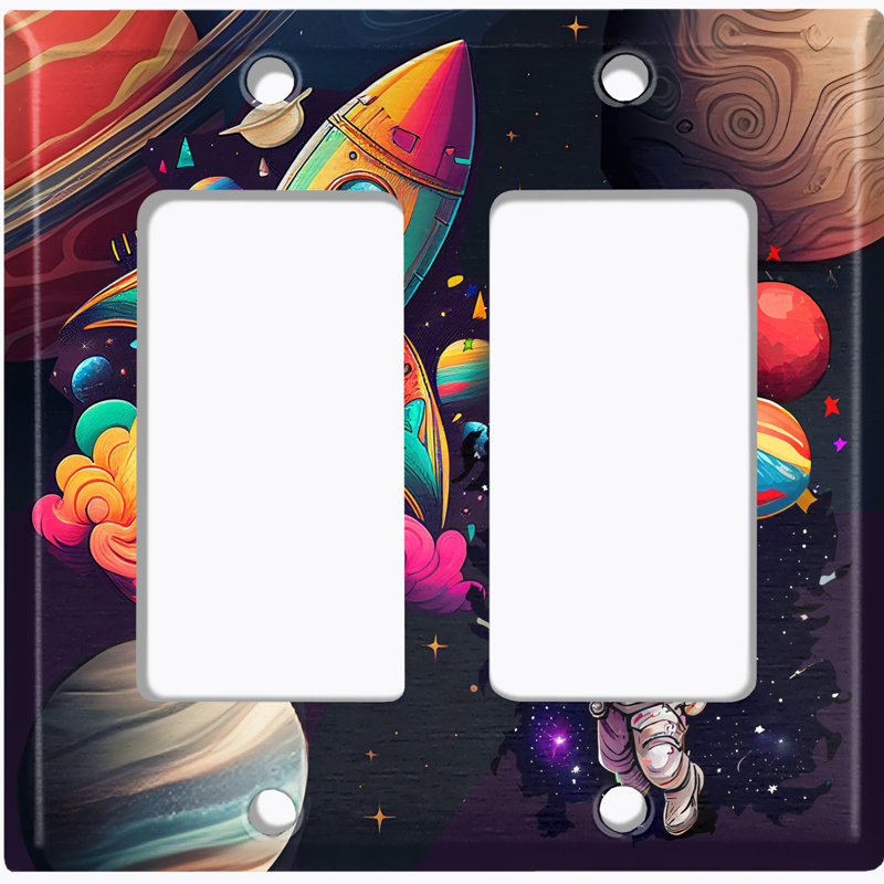 Colorful Animated Astronaut Space Ship 2 - Gang Duplex Outlet Standard Wall Plate