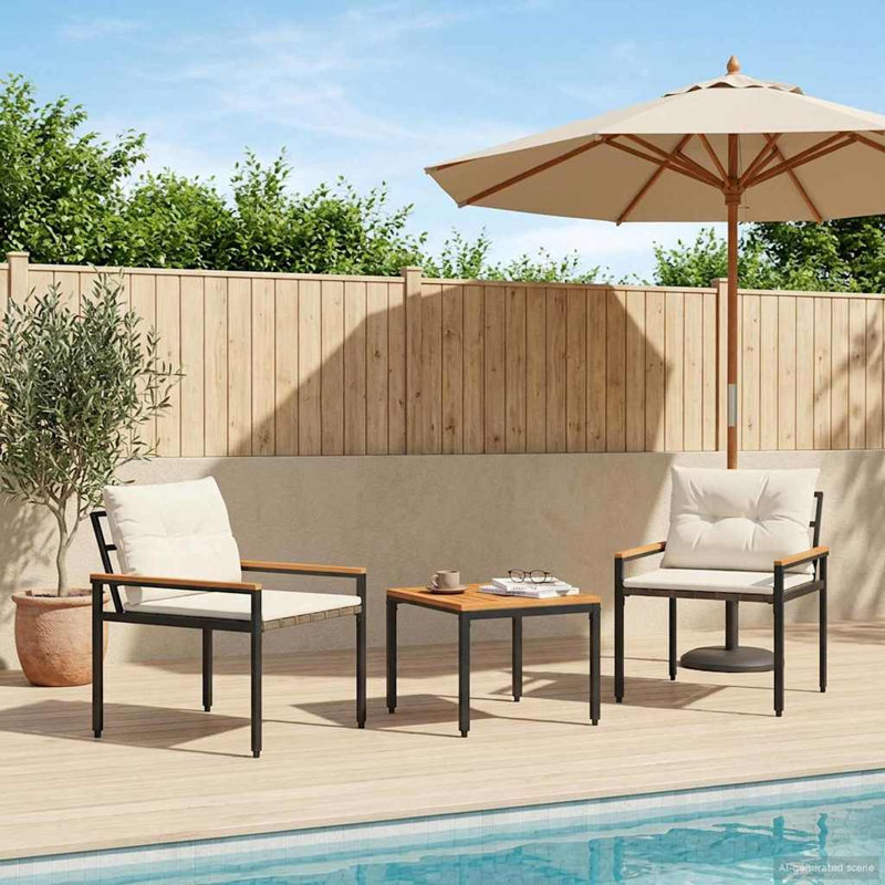  Outdoor Furniture Set with Cushion Poly Rattan Acacia Wood Table Garden, Cream White