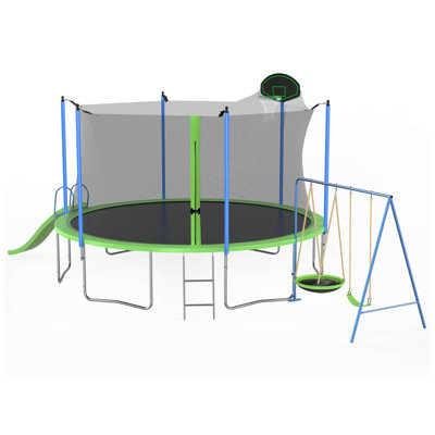 14FT Trampoline With Slide And Swings, ASTM Approved Large Recreational Trampoline With Basketball Hoop And Ladder,Outdoor Backyard Trampoline With Net, Capacity For Kids And Adults