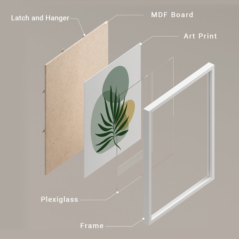 «Green Modern Leaves», œuvre d'art simple, impression encadrée, affiche, salle de bain, petit art mural, Blanc / Blanc