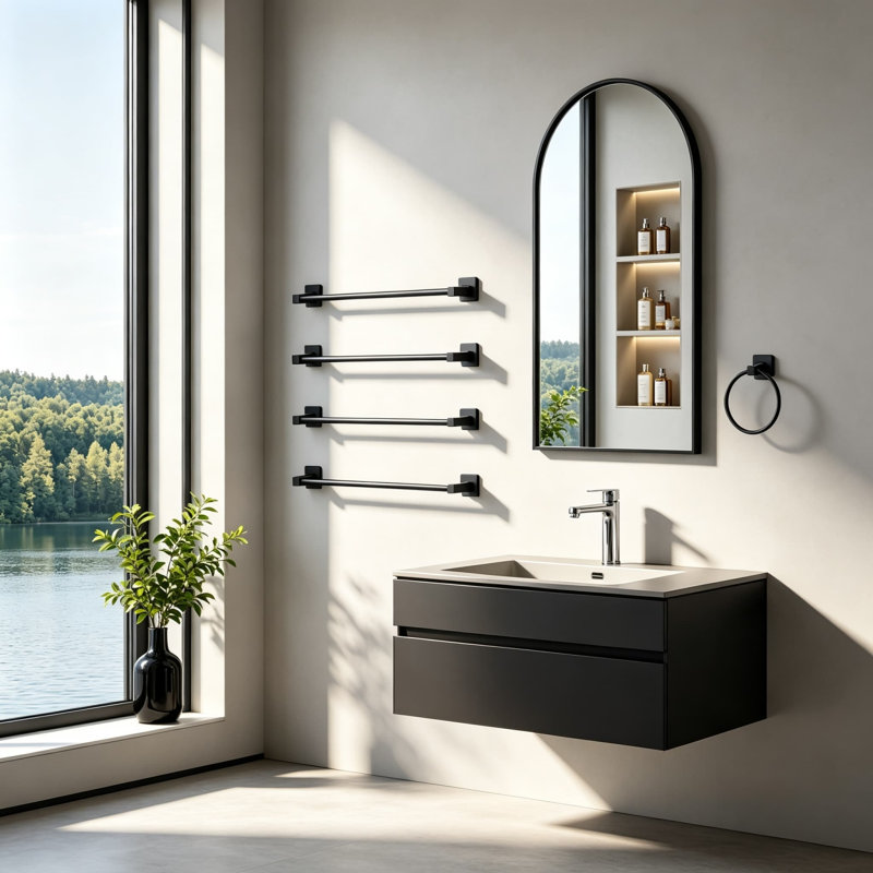 Ensemble de quincaillerie de salle de bain 8 pièces noir mat - Ensemble de porte-serviettes mural en acier inoxydable avec anneau à serviette, crochets à peignoir, porte-papier hygiénique - Accessoires de salle de bain durables et antirouille