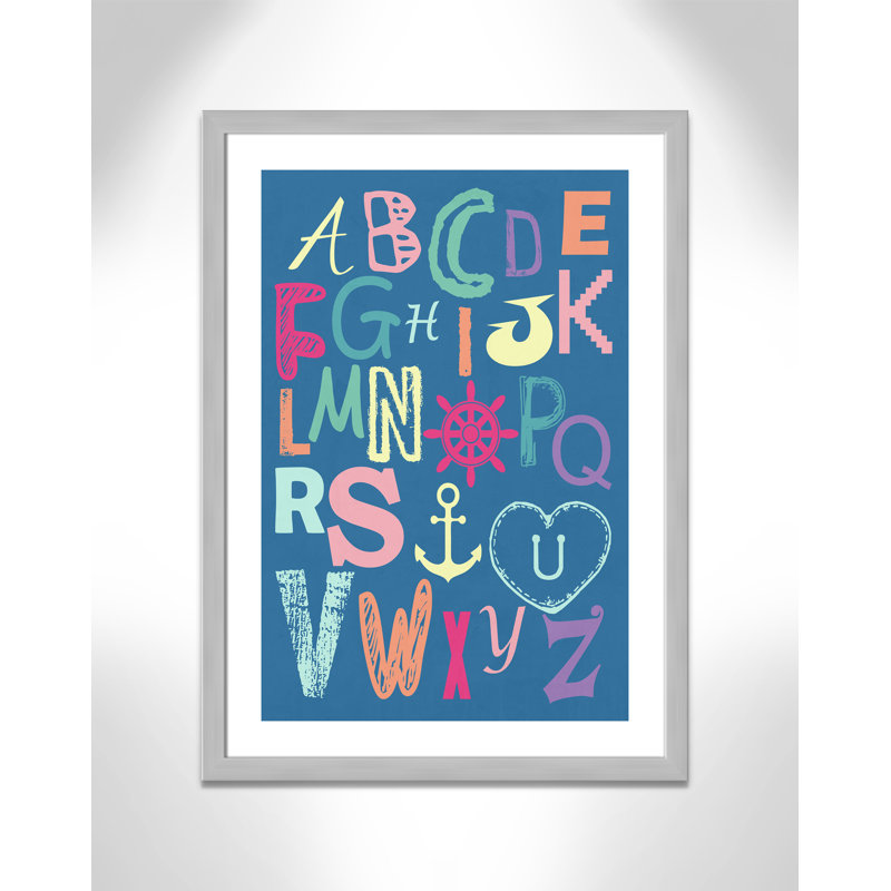 Alphabet imprimé sur papier, H 34,5 po x l 24,5 po x P 0,6 po, Encadré plat argent