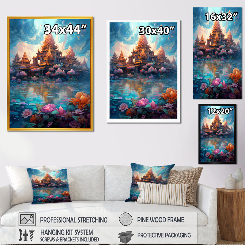 «Asian Asian Temple», reproduction de fleurs sur toile, 20" H x 12" W, Cadre flottant brun